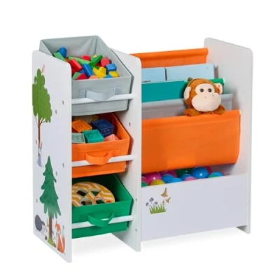 Immagine di Relaxdays Scaffale per Bambini, 3 Box Porta Giochi e 4 Scomparti, Mobiletto Libreria, HLP 64 x 30 cm, Colorato, Tessuto Non