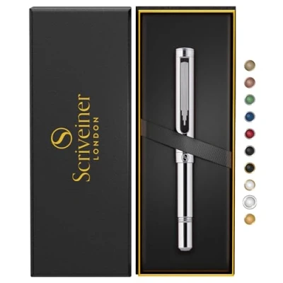 Immagine di Scriveiner Rollerball EDC Argento cromato, splendida penna tascabile pesante con finitura cromata, di lusso regalo per uomini e donne, Silber Chrom Luxus Pen