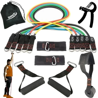 Immagine di InnoTi Bande Elastiche Resistenza per Bodybuilding Cavi Palestra Allenamento a Casa Elastici Fitness in Lattice Maniglie e Cavigliere Imbottite Ancoraggio Porte 100 150 Lb