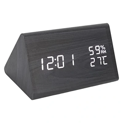 Immagine di Sveglia Digitale in Legno Elettronica LED, 3 Luminosità, Controllo Vocale, Data, Temperatura, umidità Display, Ideale per Home Office Camera da Letto Comodino Scrivania
