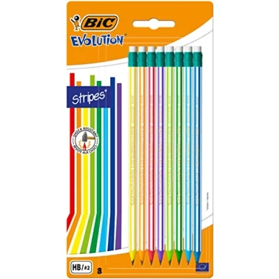 Immagine di Bic Matite Hb Grafite Con Gomma, Evolution Stripes, Confezione Da Otto Matite, Multicolore, 24 X 12.7 0.9 Cm