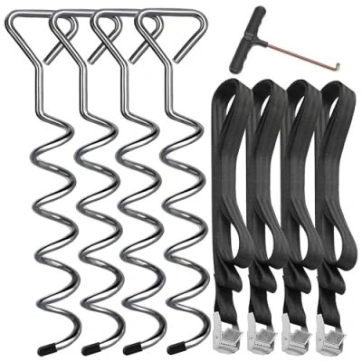 Immagine di Hodzeed Set di 4 Picchetti Fissaggio per Terreno Solidi da Trampolino Kit Ancoraggio Paletti in Acciaio Zincato Antiruggine con Cinghie Resistenti