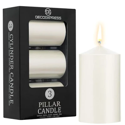 Immagine di DECO EXPRESS Candele Decorative, Pacco da 3, Durata di Combustione 30 Ore, Senza Profumo Vari Colori (Bianco metallizzato Confezione 3)