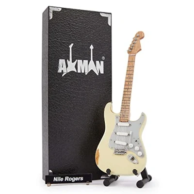 Immagine di Nile Rodgers Replica di chitarra in miniatura, idea regalo musicale, realizzata a mano, scala 1/4, include una scatola espositiva, targhetta per il nome e un supporto miniatura