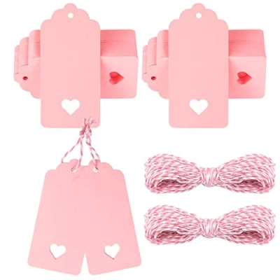 Immagine di G2PLUS 100PCS Etichette Regalo,Etichette in Carta Kraft,Etichette Kraft per Bottiglie 4x9CM Tag Regalo con Spago Matrimoni Compleanni e Natale (Rosa)