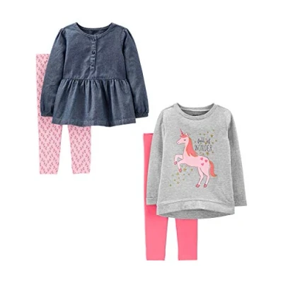 Immagine di Simple Joys by Carter&#039;s Set di Abbigliamento per Il Tempo Libero con Maglia a Maniche Lunghe e Pantaloni, 4 Pezzi Bimba, Denim/Grigio Unicorni/Rosa/Rosa Chiaro, 12 mesi