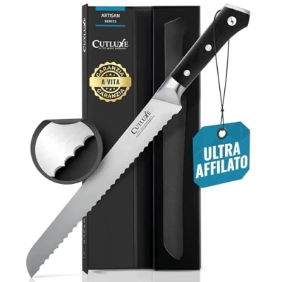 Immagine di Cutluxe Coltello da Pane 25cm Coltelli Cucina Lama Seghettata, Acciaio al Carbonio, Affilata e Resistente, Artisan Series