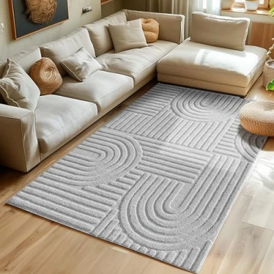Immagine di SIMPEX tappeto a pelo alto per soggiorno, passatoia corridoio, stile scandinavo e boho con design 3D, soffice morbido.Misurare: 120 x 170 cm, Colore:Argento