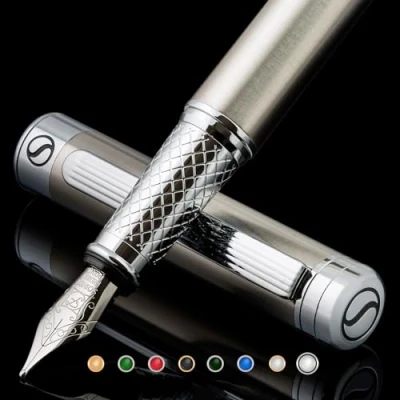 Immagine di Scriveiner Penna stilografica in acciaio inox di lusso con finitura acciaio, pennino (fine), miglior set penne regalo per uomini e donne, ufficio, design