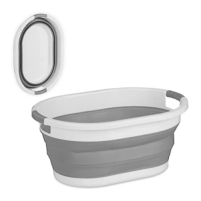 Immagine di Relaxdays Cesto Portabiancheria Pieghevole, 22 Litri, Contenitore Salvaspazio in Plastica con Impugnature, Grigio Bianco, 50%