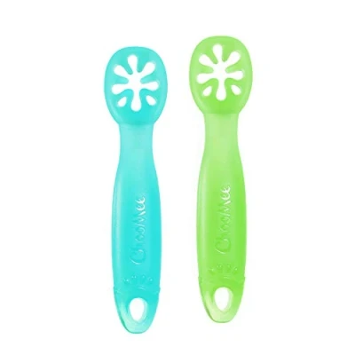 Immagine di ChooMee FlexiDip Baby Starter Spoon Platinum Silicone First Stage Teething Friendly Learning Utensil 2 CT Aqua Green