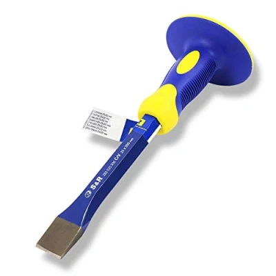 Immagine di S&amp;R Scalpello da Muratore Piatto con Paracolpo 25 x 300 mm, 40CRV, 52 58 HRC. Per Legno, Piastrelle, Calcestruzzo, Pietre, Pavimenti. Impugnatura Antiscivolo