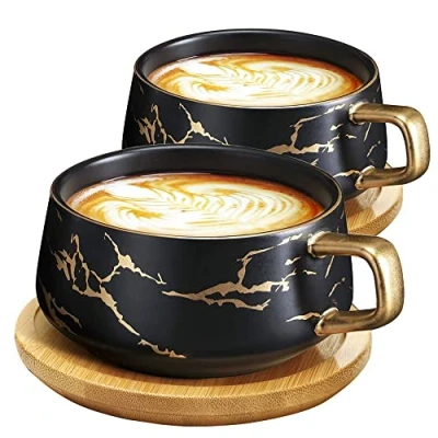 Immagine di VETIN Set 2 tazze da cappuccino con piattino, tazza in marmo, tazzine caffè porcellana 300 ml per tè cappuccino, disco legno (Nero*2)