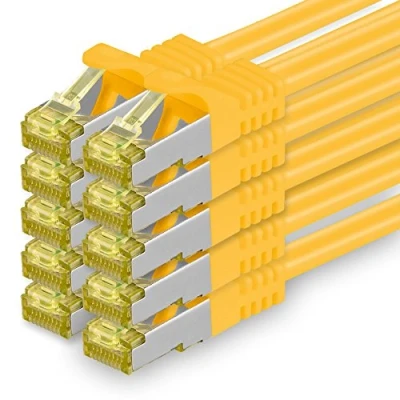 Immagine di 1aTTack.de Cavo di Rete Ethernet LAN Cat.7 SFTP Spina RJ45 Cat6a Doppia schermatura 10000 Mbit/s Compatibile con Cat5 Cat6 Cat8 per Switch Router Modem Patchpanel Giallo / 10 pz 0,5m