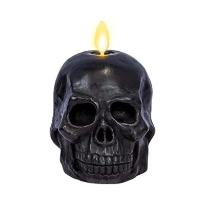 Immagine di Luminara candela LED senza fiamma singola in movimento, piccolo scheletro con teschio figurativo (9,5 x 10,8 cm), vera cera, profumo, timer nero
