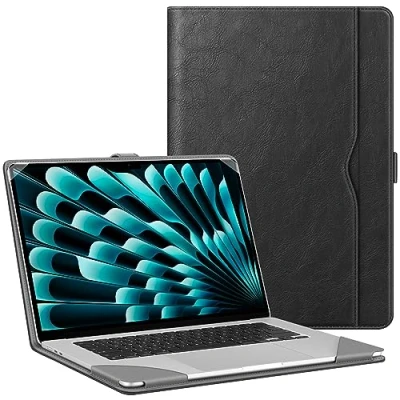 Immagine di FINTIE Custodia Compatibile con MacBook Air 15 M3 M2 2023 2024 (Modello A3114/A2941), Folio Protettiva Cover in Similpelle per 15,3 Pollici, Nero