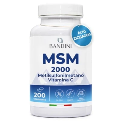 Immagine di Bandini® MSM 2000 mg di Metilsulfonilmetano in COMPRESSE + Vitamina C per Capelli, Ossa, Pelle, Articolazioni e Unghie Antinfiammatorio Muscolare a base Zolfo (200 unità (Confezione da 1))
