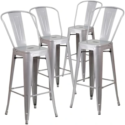 Immagine di Flash Furniture Set di 4 sgabelli da Bar per Interni ed Esterni in Metallo Grado Commerciale, con Schienale, Acciaio zincato, plastica, Argento, 76,2 cm
