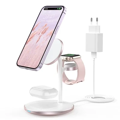 Immagine di Stazione di ricarica induttiva 3 in 1, senza fili, compatibile con caricabatterie Mag Safe per iPhone 14 13 12 Pro Max/Plus/Mini, iWatch Ultra/8/7/SE/6/5/4/3/2, colore rosa