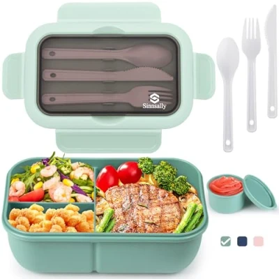 Immagine di Sinnsally Porta Pranzo con Posate,1250ml Lunch Box Prova di Perdite,Bambino Adulto Bento 3 Scomparti,Porta Cibo Portapranzo,Schiscetta Contenitore per Microonde Lavoro Picnic Ufficio