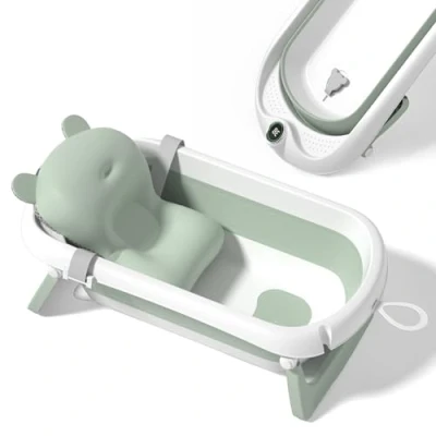 Immagine di Bagnetto per bambini pieghevole con cuscino da bagno/Vaschetta bagno neonato XL termometro il controllo della temperatura dell&#039;acqua/Dalla nascita ai 2 anni / 5 palline di plastica