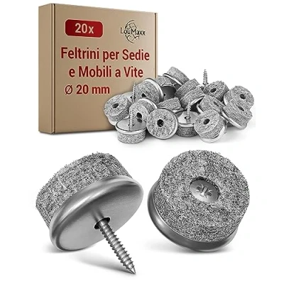 Immagine di LouMaxx Feltrini per Sedie e Mobili a Vite Set di 20 Rotondi, Ø 20mm Colore Grigio Gommini Piedini con Feltro Spessore 6mm, Bordi in Metallo