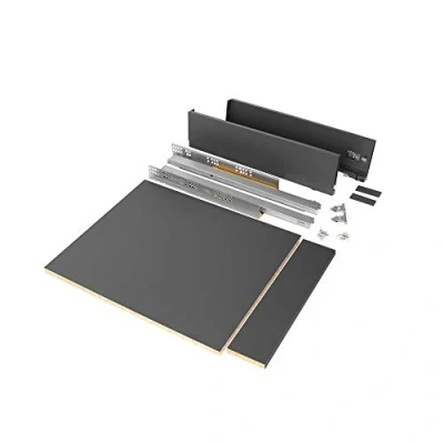Immagine di Emuca Kit cassetto per cucina o bagno con pannelli inclusi e guide estrazione totale chiusura soft, altezza 93 mm modulo 450 profondità 500 mm, grigio antracite.