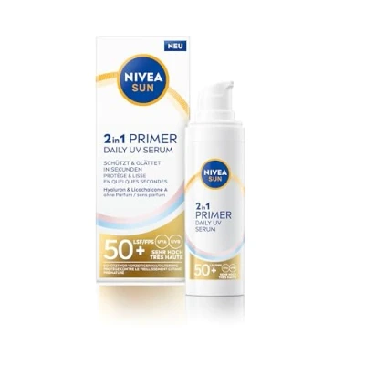 Immagine di NIVEA SUN UV Primer Daily Siero SPF50+ (30ml), crema solare senza frangrance con alto fattore di protezione solare, ideale come base per il trucco, formula idratante ialurone, gesso