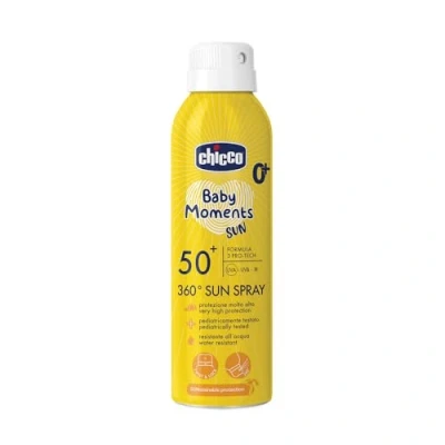 Immagine di Chicco Spray Solare Protezione SPF 50 + Per Bambini, Resistente all&#039;Acqua, Facile Da Applicare Con Sistema di Erogazione a 360, Contro UVA, UVB e Infrarossi, Senza Alcol, 0 Mesi +, 150 ml