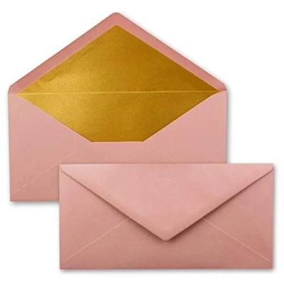 Immagine di 50x Buste formato lunghe Colore: rosa antico con rivestimento interno metallizzato oro 110 x 220 mm Colla a umido festive per Natale
