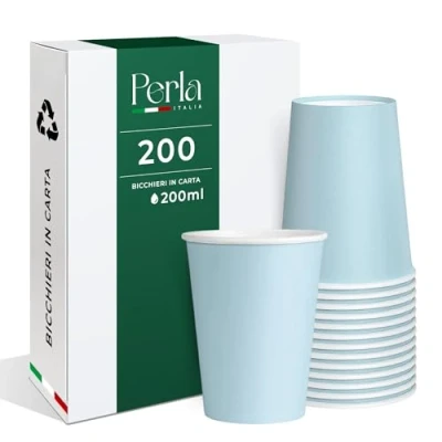 Immagine di Perla, 200 Bicchieri di Carta da ml, Bicchiere Monouso Biodegradabile Ecologico, Adatto per Bevande Fredde e Calde, Acqua usa getta (Azzurro)