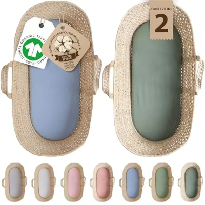 Immagine di Bunnyjik 28 x 74 Lenzuolo Ovale con angoli elasticizzati Set biologico certificato GOTS in 100% cotone Coppelt Dick ultra morbido, adatto per passeggini, zanzariere, culla e lettino