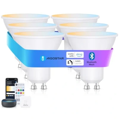 Immagine di Aigostar Mesh 6.5W GU10 Lampadine Alexa Bluetooth Mesh, Lampadina Smart Works with Alexa, LED 555LM CCT(2700K 6500K), 6 Unità (Con Telecomando e Gateway)