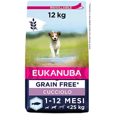 Immagine di Eukanuba Grain Free* Alimento per cuccioli di taglia piccola e media, Ricetta a basso contenuto allergeni, 12 kg