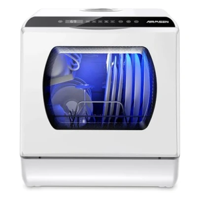Immagine di AIRMSEN Mini Lavastoviglie da Tavolo 5+1 Programmi, Serbatoio 5L, 2 Modi di Approvvigionamento Idrico, Touch Control e Display LED, Ideale per Cucine, Appartamenti Dormitori, Bianco