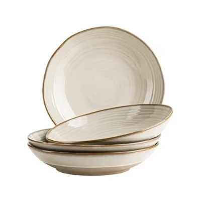 Immagine di MÄSER Serie Nottingham, set di 4 piatti fondi con linee in filigrana e smalto elegante, grandi profondi per pasta zuppe ceramica, look vintage, gres, beige
