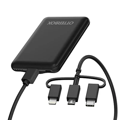 Immagine di OtterBox Powerbank, kit di ricarica portatile 5,000 mAh con connettori USB a 10W e Micro Output, sottile leggera, design resistente cadute durevole, include cavo 3 in 1, Nero
