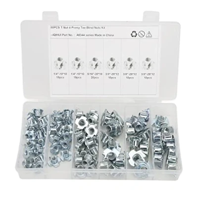 Immagine di 80 pezzi Kit Dadi a T,Dado T in Acciaio al Carbonio Zincato,M6 M8 M10 Dado Filettato,4 Denti Inserti Quattro Punte,per Legno, Arrampicata, Mobili