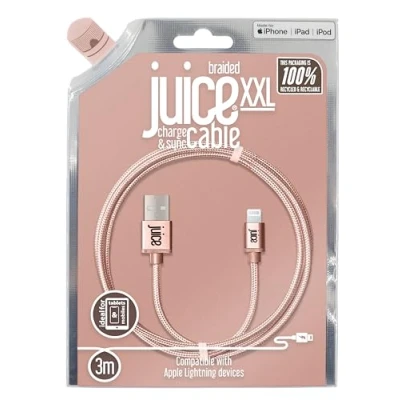 Immagine di Juice Cavo Lightning Apple, 3 m, intrecciato Eco oro rosa, iPhone 14, Max, Pro, Plus, 13, Pro e Mini, 12, 11, X, Xr, 8, 7, 6, SE, 5, iPad,