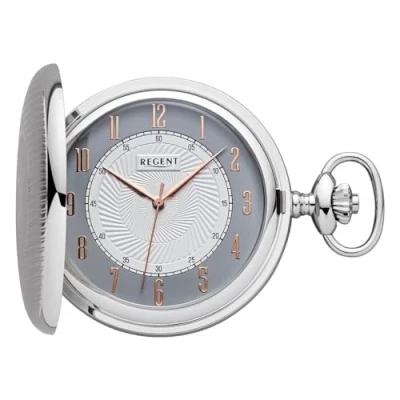 Immagine di REGENT Orologio da tasca uomo Savonnette Coperchio pieghevole Cromato 50 MM Quarzo Bianco Quadrante Grigio Numeri arabi, P 729 Lancette in oro rosa e stemma, Classico
