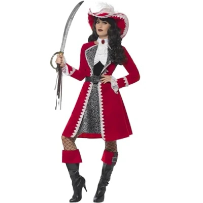 Immagine di SMIFFYS Costume Capitano deluxe autentico da donna, rosso, con abito, giacca, cravatta e copristivali