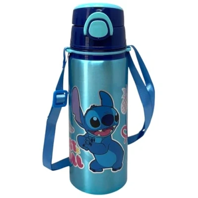 Immagine di Borraccia in alluminio con cannuccia Stitch Disney 730 ml bottiglia apertura automatica pop up per bambini tracolla dotazione