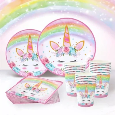 Immagine di Unicorno Stoviglie Per Feste Di Compleanno,Piatti e Bicchieri Compleanno,Unicorni Posate Usa Getta Con Piatti Carta Rosa,Tovaglioli Rosa,Bicchieri Carta,Posate 24 Ospiti