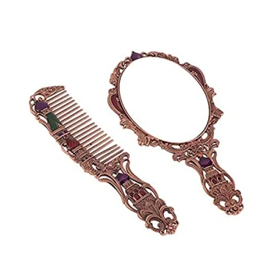 Immagine di 2 Pz/Set Vintage Spazzola Pettine e Specchio Set Per Le Donne Russo Castello Portatile Strumento Di Bellezza (Rame)