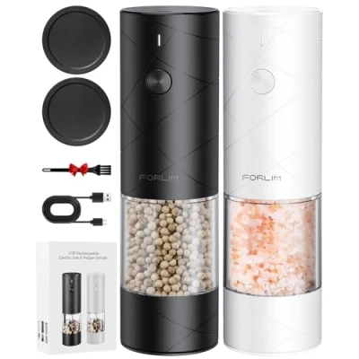 Immagine di FORLIM Set macina sale e pepe elettrico ricaricabile tramite USB, macinapepe con LED, in ceramica regolabile, macinino spezie, 7 livelli di spessore regolabili (nero + bianco)
