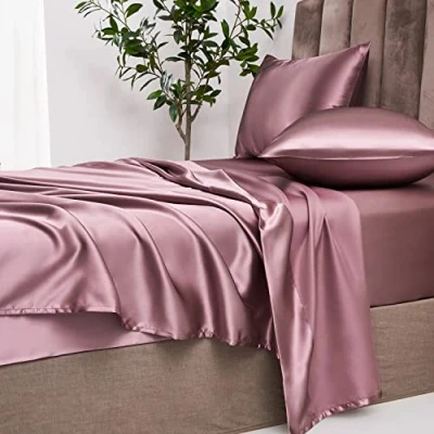 Immagine di Damier Lenzuolo con angoli elasticizzati in raso, 140 x 200 cm, rosa antico, seta lucida, di alta qualità, adatto per materassi fino a 30 cm