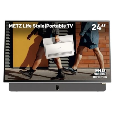 Immagine di Metz TV Portatile, MPE7000Z, 24&quot;, Batteria Incorporata, Ricarica Auto 12V e Power Bank, Anti glare, LED, FHD Smart, Google TV, HDMI, USB, Bluetooth, Wifi 5, Uscita Antenna, Grigio
