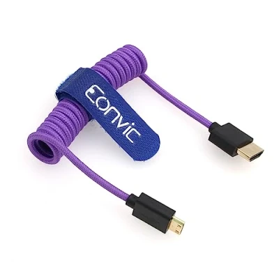 Immagine di Eonvic cavo HDMI a Micro 2.1 8K ad alta velocità sottile maschio maschio, spirale viola per Sony Alpha III Atomos Ninja V (HDMI HDMI, intrecciato viola)