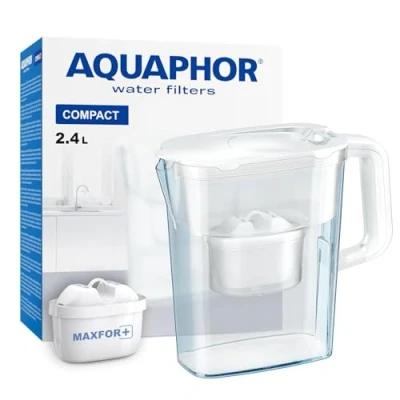 Immagine di AQUAPHOR Compact Caraffa per filtro dell&#039;acqua del frigorifero, include 1 cartuccia Maxfor+ ridurre calce, cloro e metalli pesanti, plastica, volume 2,4 L, bianco
