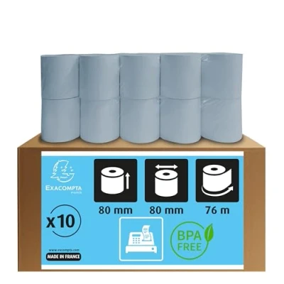 Immagine di Exacompta Rif. 43918E Rotoli per registratore di cassa (10 rotoli) 80 mm larghezza x 76 m lunghezza, adatti negozi, chioschi, bar, ristoranti, pagamenti con carta